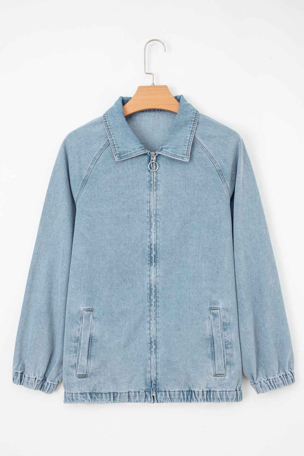 Myosotis Elastic Hem Collared Zip Up Denim Jacket fd77afad9e94026d