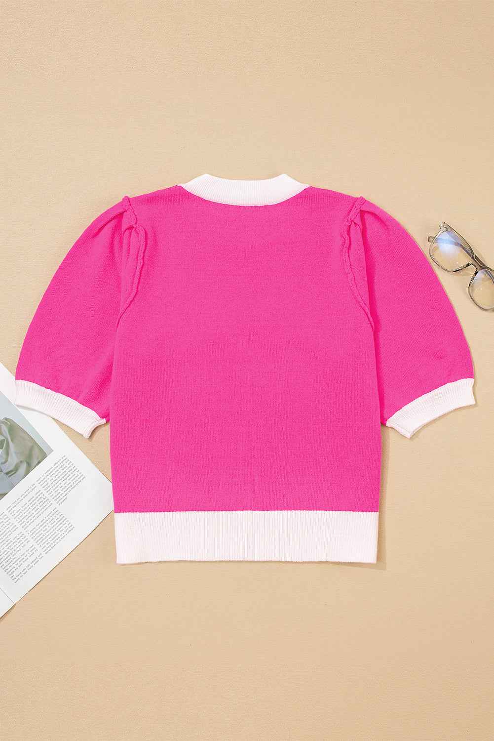 Bright Pink XOXO Embroidered Graphic Valentines Contrast Trim Crew Neck Short Puff Sleeve Sweater Tee fd78af3bc78c64d2