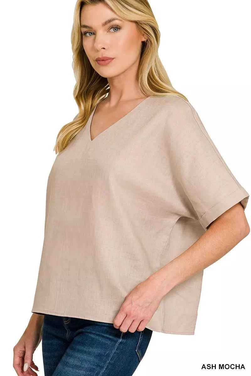 Zenana Linen V-Neck Cuffed Sleeve Top fd7b14295b674defbd5cc82b1da5e7d1-Max-Origin