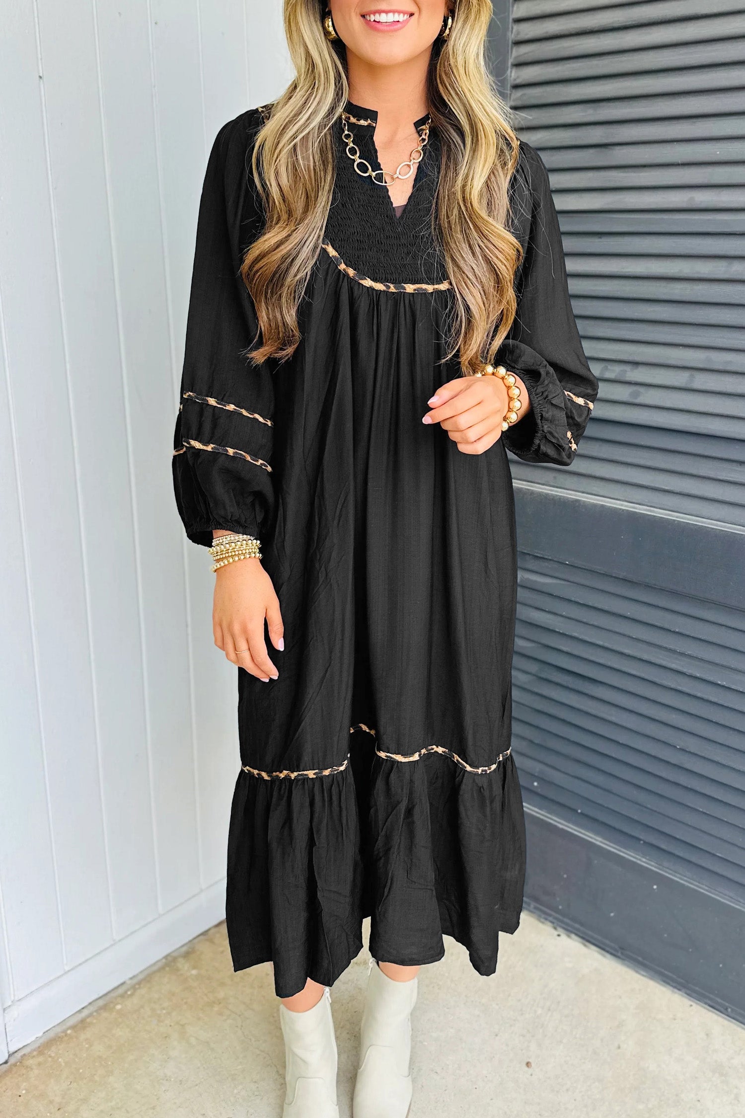 Black Contrast Leopard Trim Split Neck Long Sleeve Casual Midi Dress Black 100%Viscose fd7d83a814774579