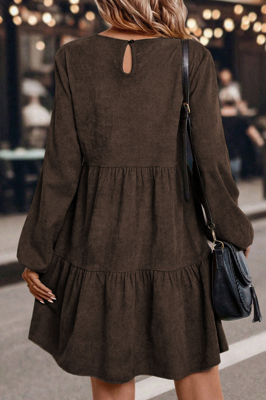 Dark Brown Lantern Sleeve Tiered Mini Dress fd82d87281fb32b5