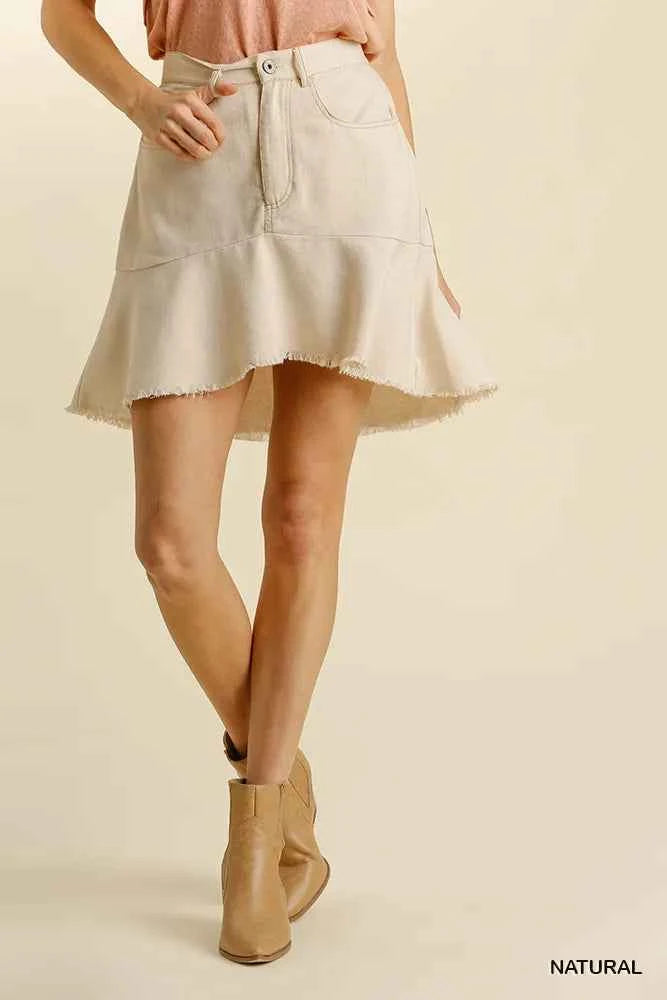 Umgee Linen Blend 5 Pockets High Low Skirt with Frayed Hem fd857f94-c999-4559-a5b7-ffb610a9614d-Max-Origin