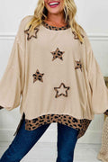 Beige Stars Pattern Leopard Patchwork Round Neck Sweatshirt Beige 65%Polyester+30%Cotton+5%Elastane fd860d03fc29f53a