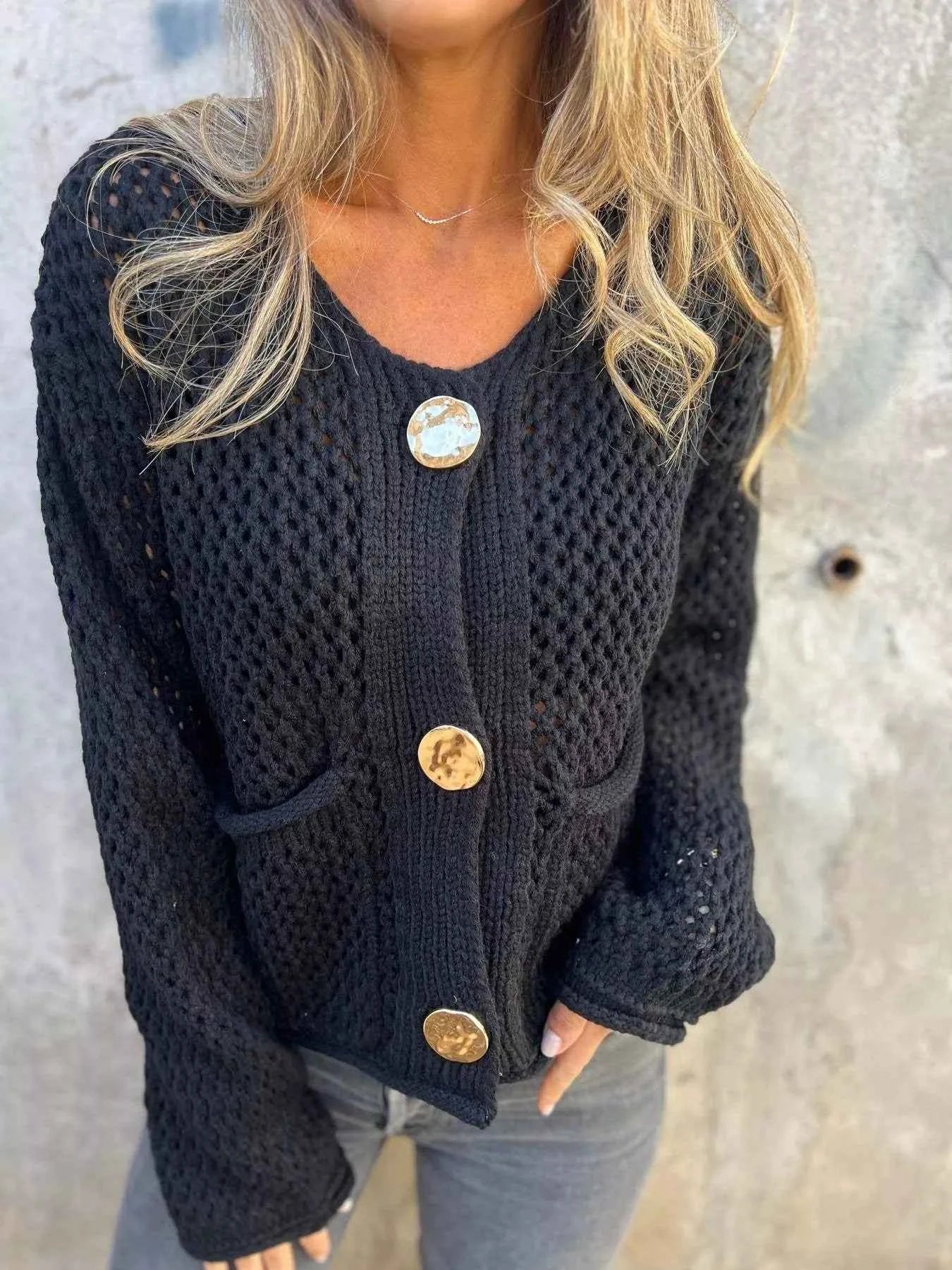 Crochet Button Up Long Sleeve Cardigan Black fd893e4d18414ca2b40ca4c79abca0ea-Max-Origin