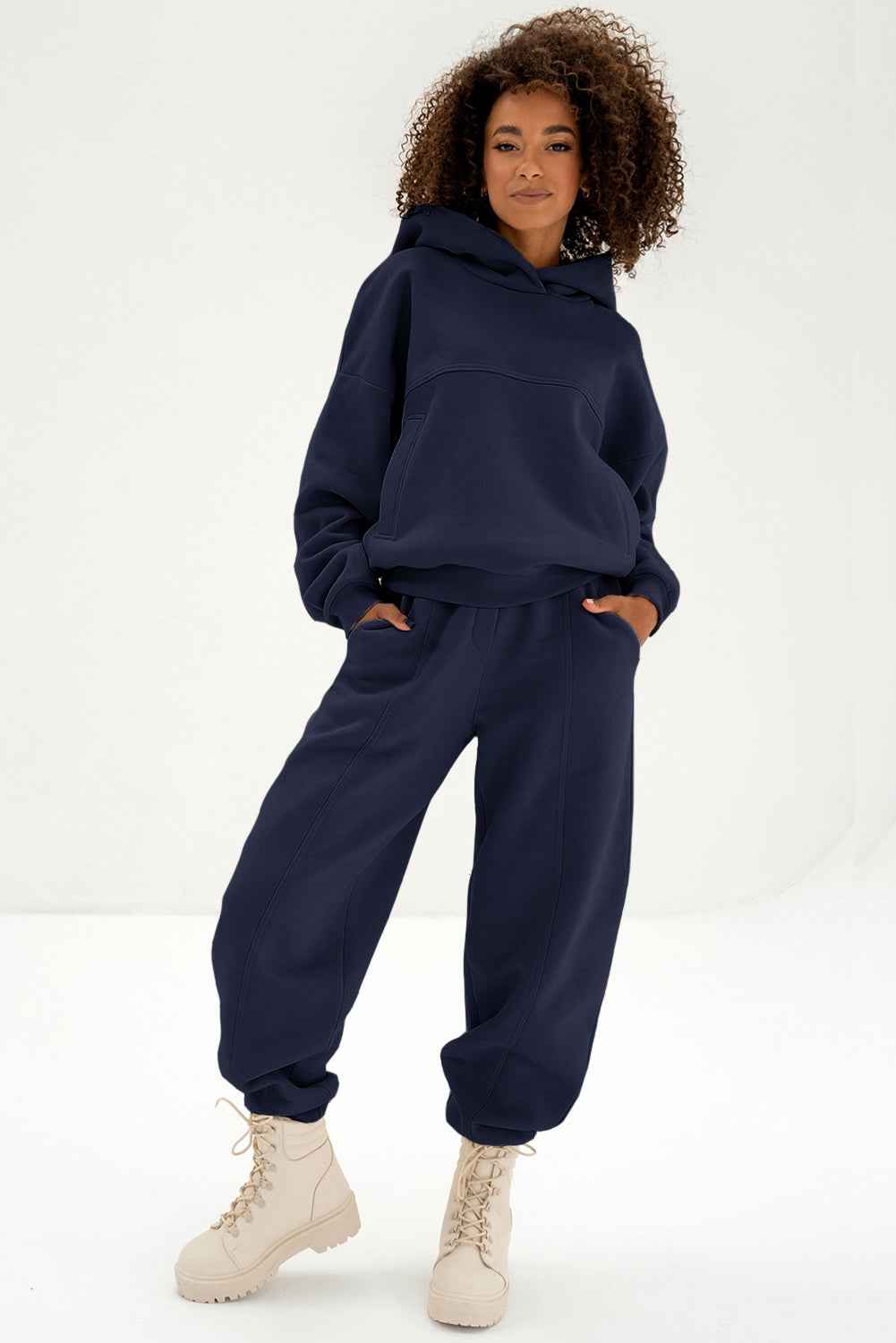 Navy Blue Solid Exposed Seams Hoodie and Joggers Activewear Set fd8a9441966c9b2b