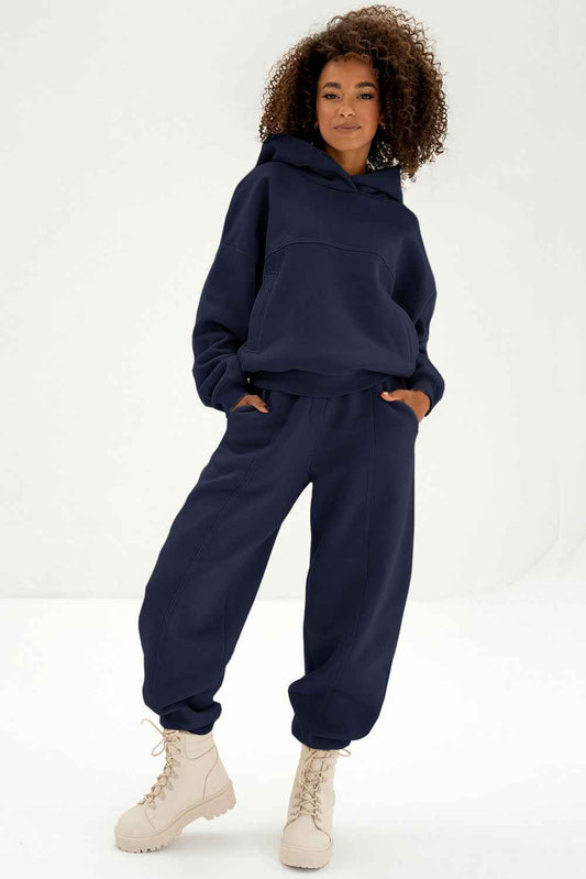 Navy Blue Solid Exposed Seams Hoodie and Joggers Activewear Set fd8a9441966c9b2b