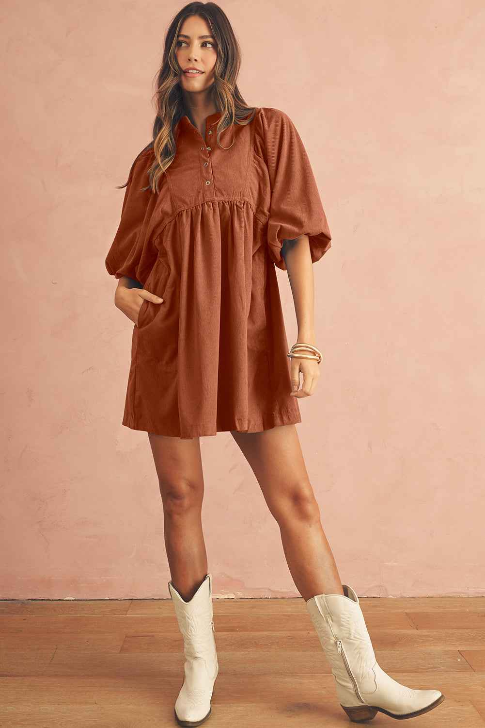Gold Flame Light Snap Button Empire Waist Lantern Sleeve Corduroy Dress fd8aa62c4175eca9