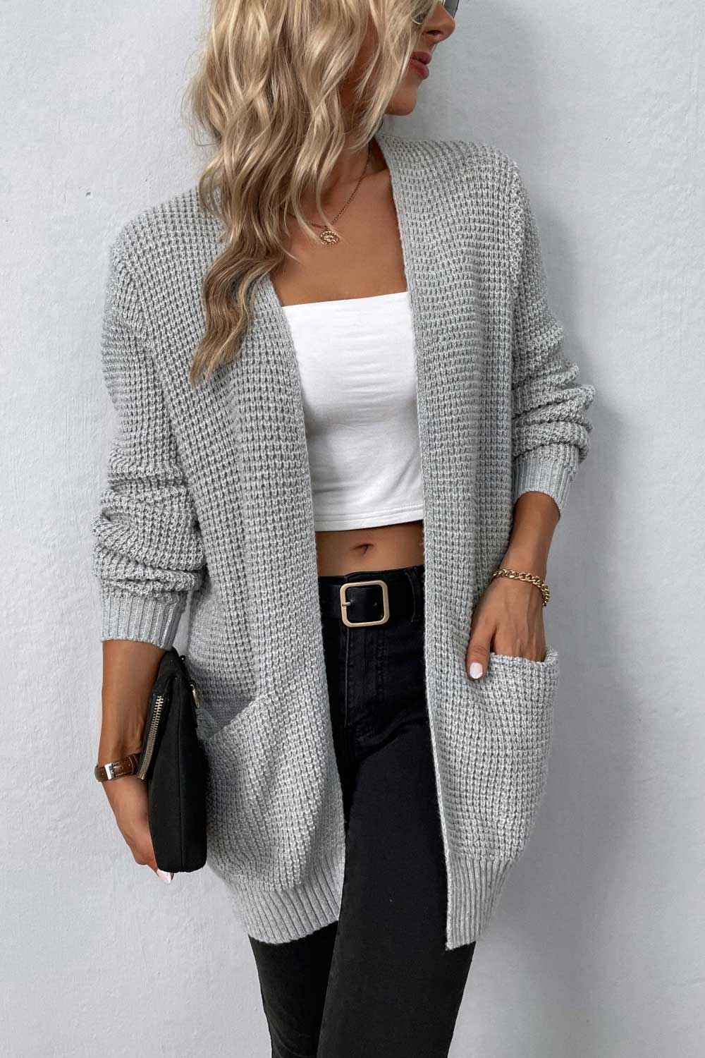 Rib-Knit Open Front Pocketed Cardigan fd8fd06c451440b7980d20e84682621b-Max