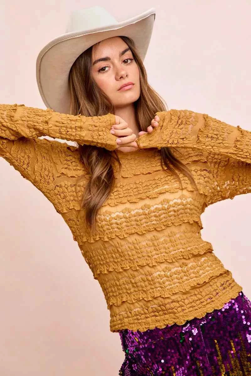 Ruffles Detail Mardi Gras Color Flower Lace Top fd9284b667f8487c9400c2a943fda121-Max-Origin