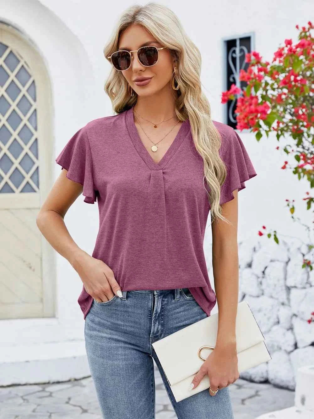 V-Neck Flutter Sleeve T-Shirt Hot Pink fd939986-3ad7-4ceb-ab47-3fedbf249b44-Max