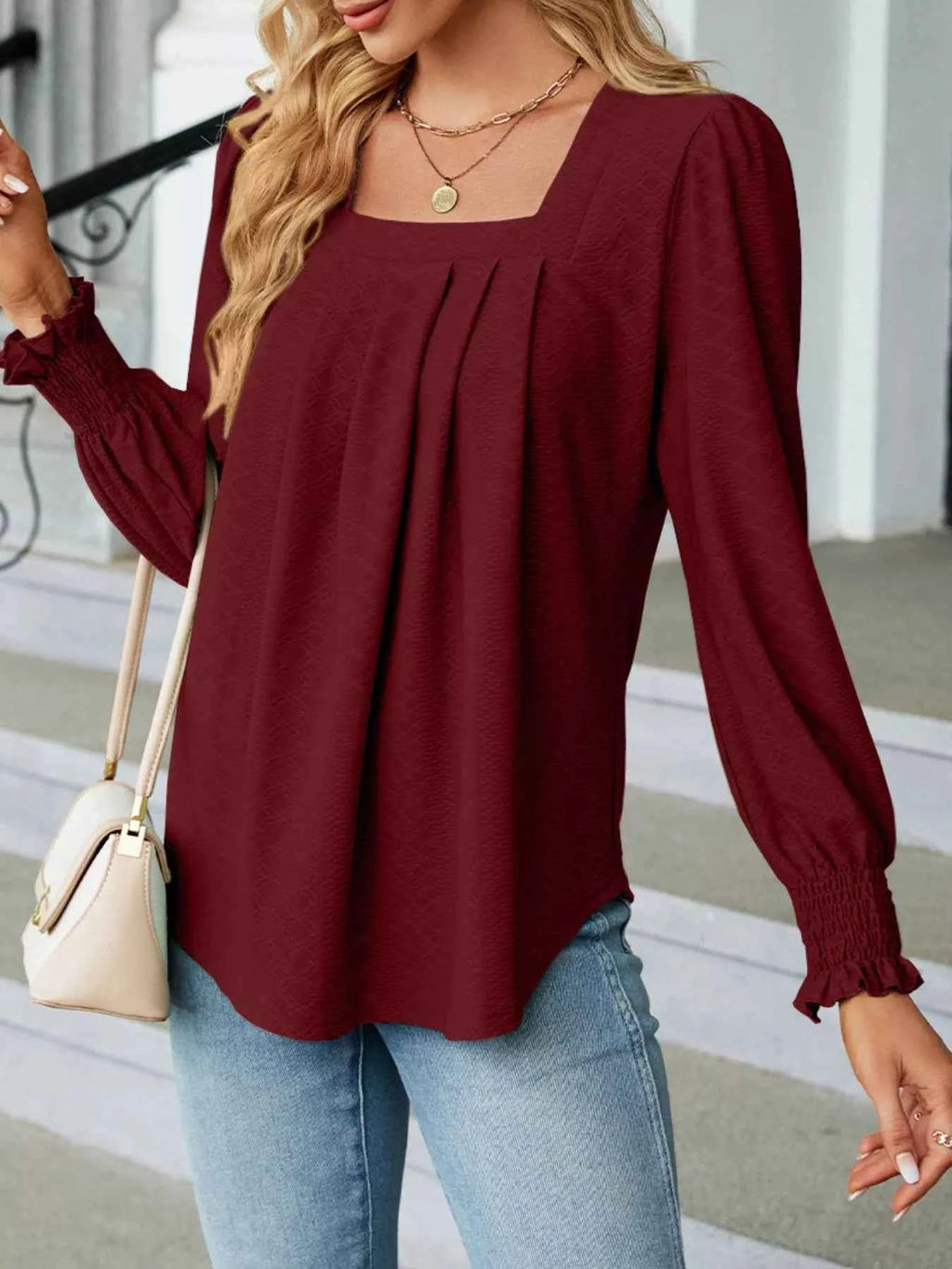 Pleated Square Neck Long Sleeve Top fd991f70-42aa-477b-8cd9-2f068a264438-Max-Origin