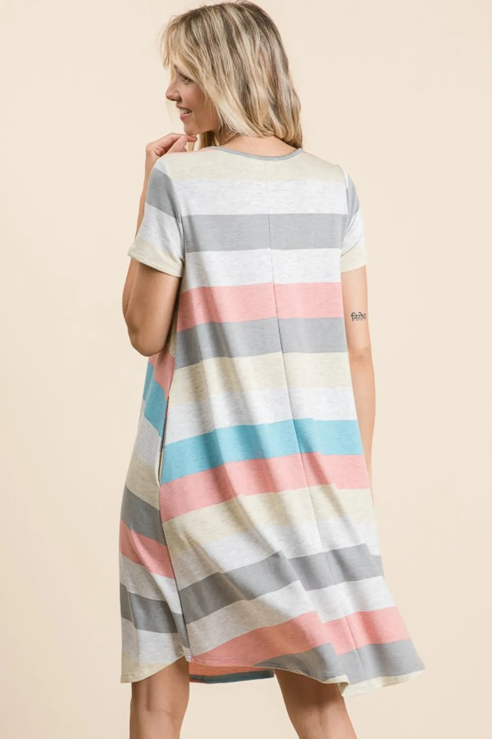 BOMBOM Striped Short Sleeve Dress with Pockets fd9bcd97-cf21-4d7d-8f5d-6b3b41701113-Max
