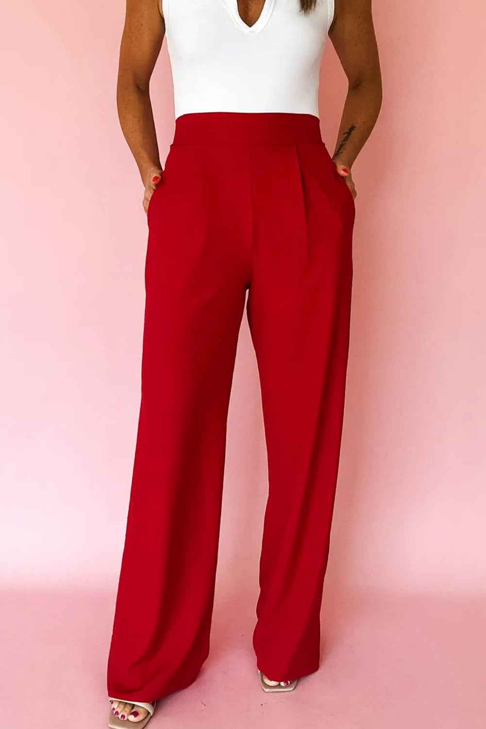 Fiery Red Pleated Detail Pull On Pants fd9c8bfe9e319f4e
