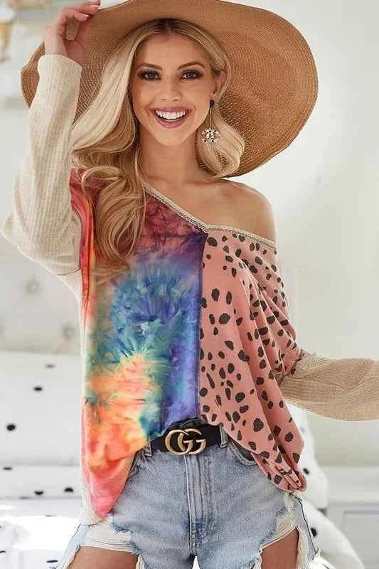 BiBi Print Block V Neck Top with Contrast Stitching fd9ca947cee845c8a2f2d9fe14313c8f-Max-Origin