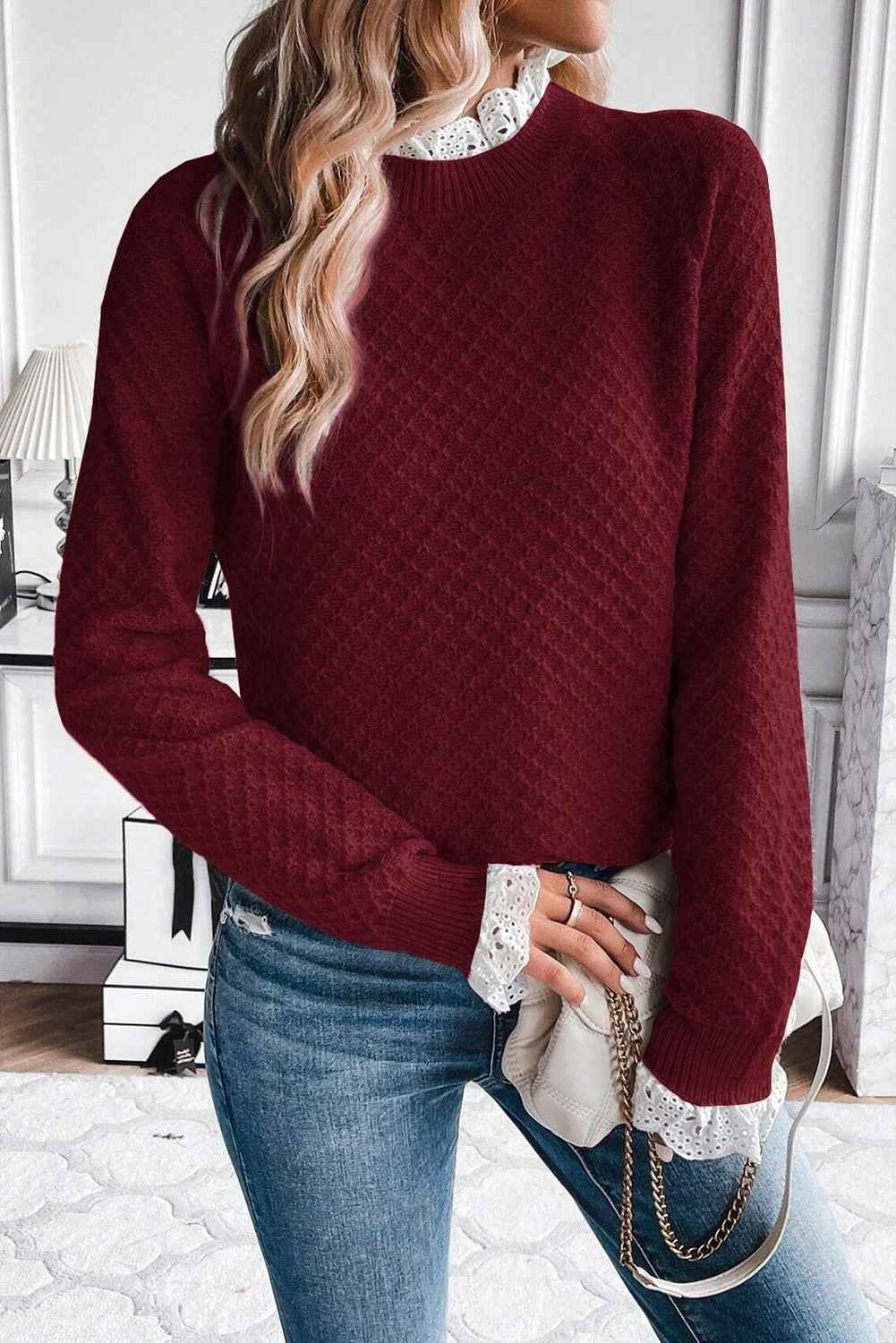 Burgundy Contrast Lace Frill Trim Raglan Sleeve Sweater fda1e5646359fe88