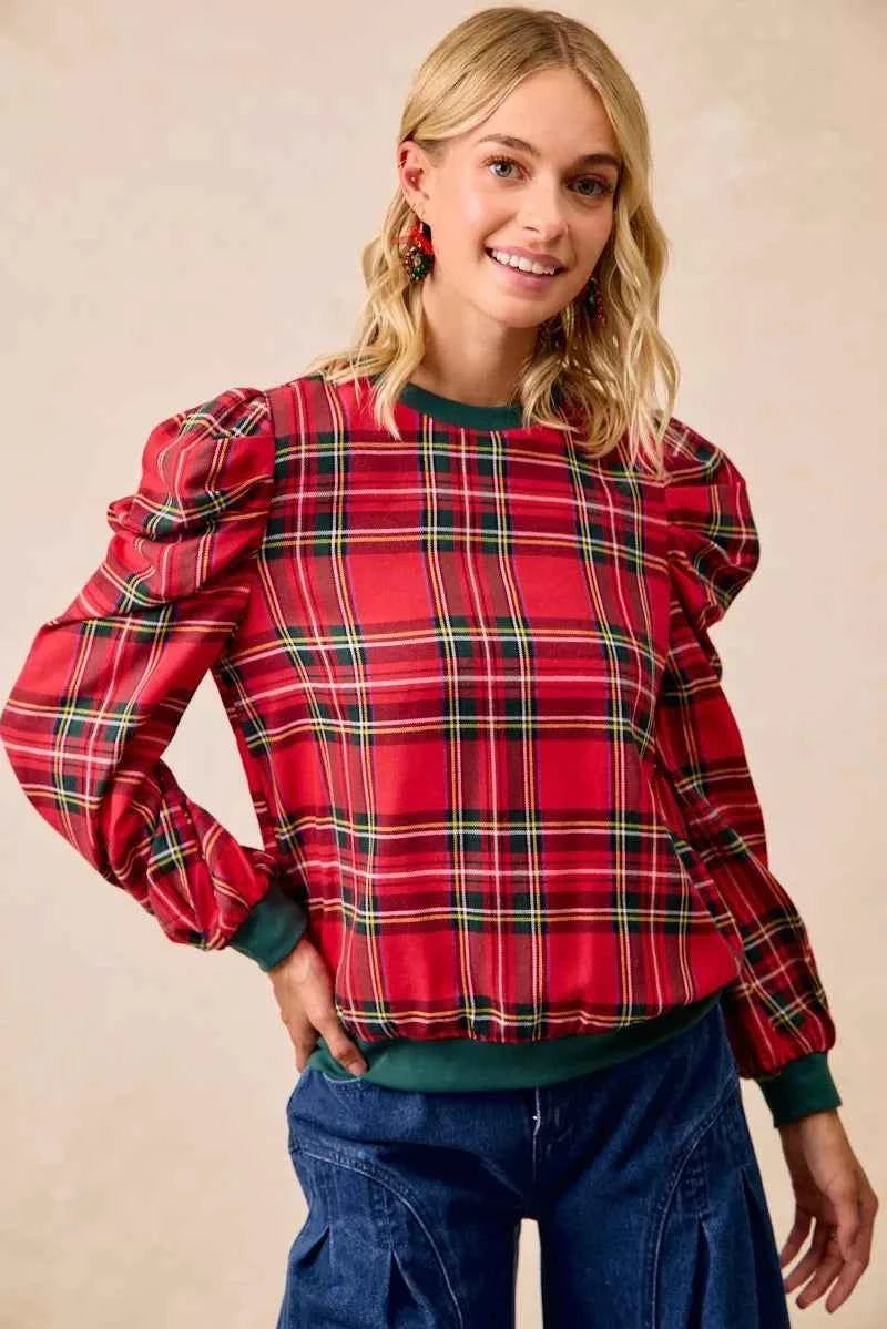 Christmas Plaid Exaggerated Shoulder Sleeves Top fda7c5cde0b14bf39c4e33e5661d59f6-Max-Origin