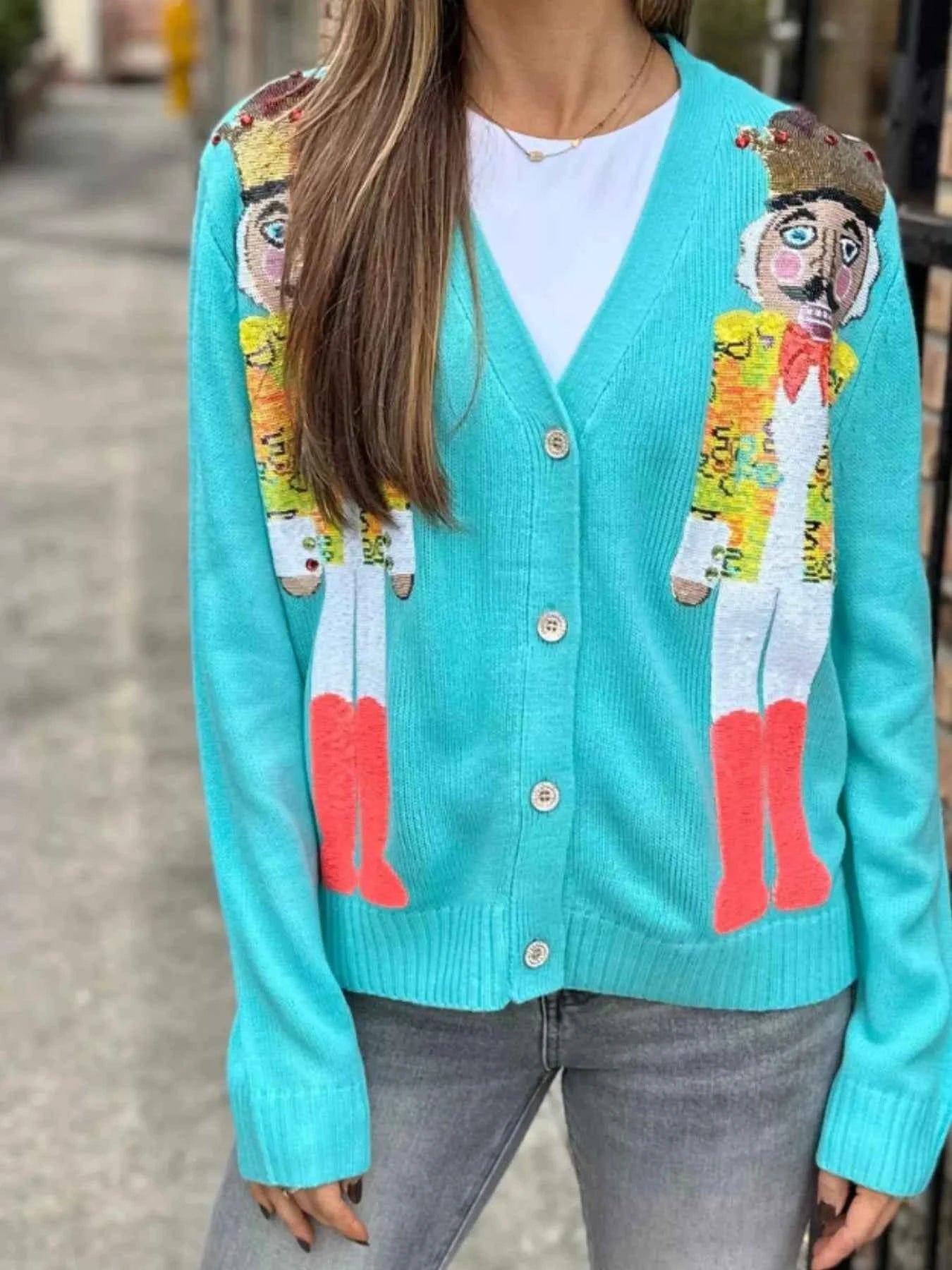 Nutcracker Ribbed Hem V-Neck Cardigan fda8ef8d-9479-417f-a7dc-f0194d2cc7fa-Max-Origin