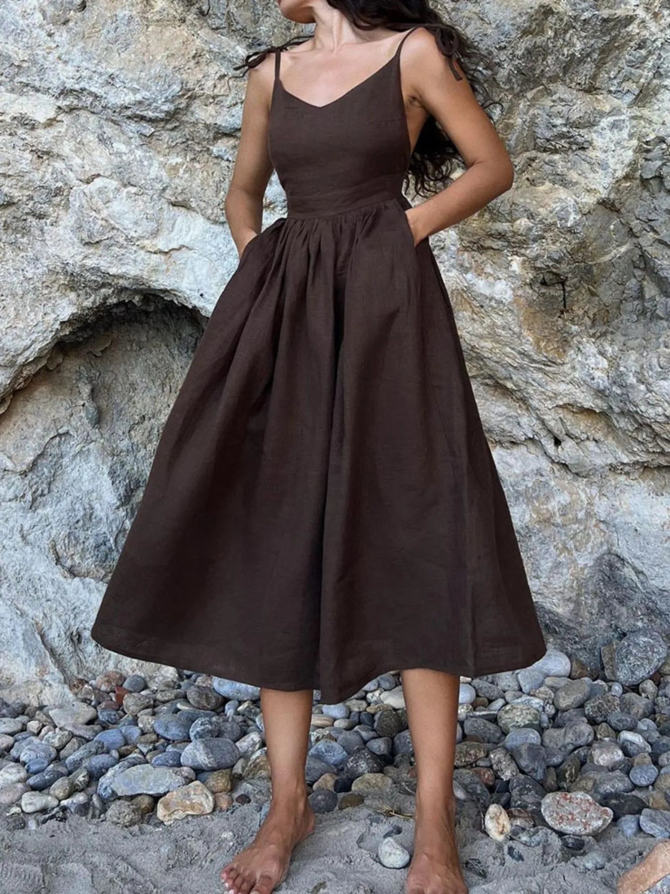 V-Neck Tie Shoulder Maxi Dress Coffee Color fdadf502-5006-4a6a-afc9-90d81975cf47-Max-Origin