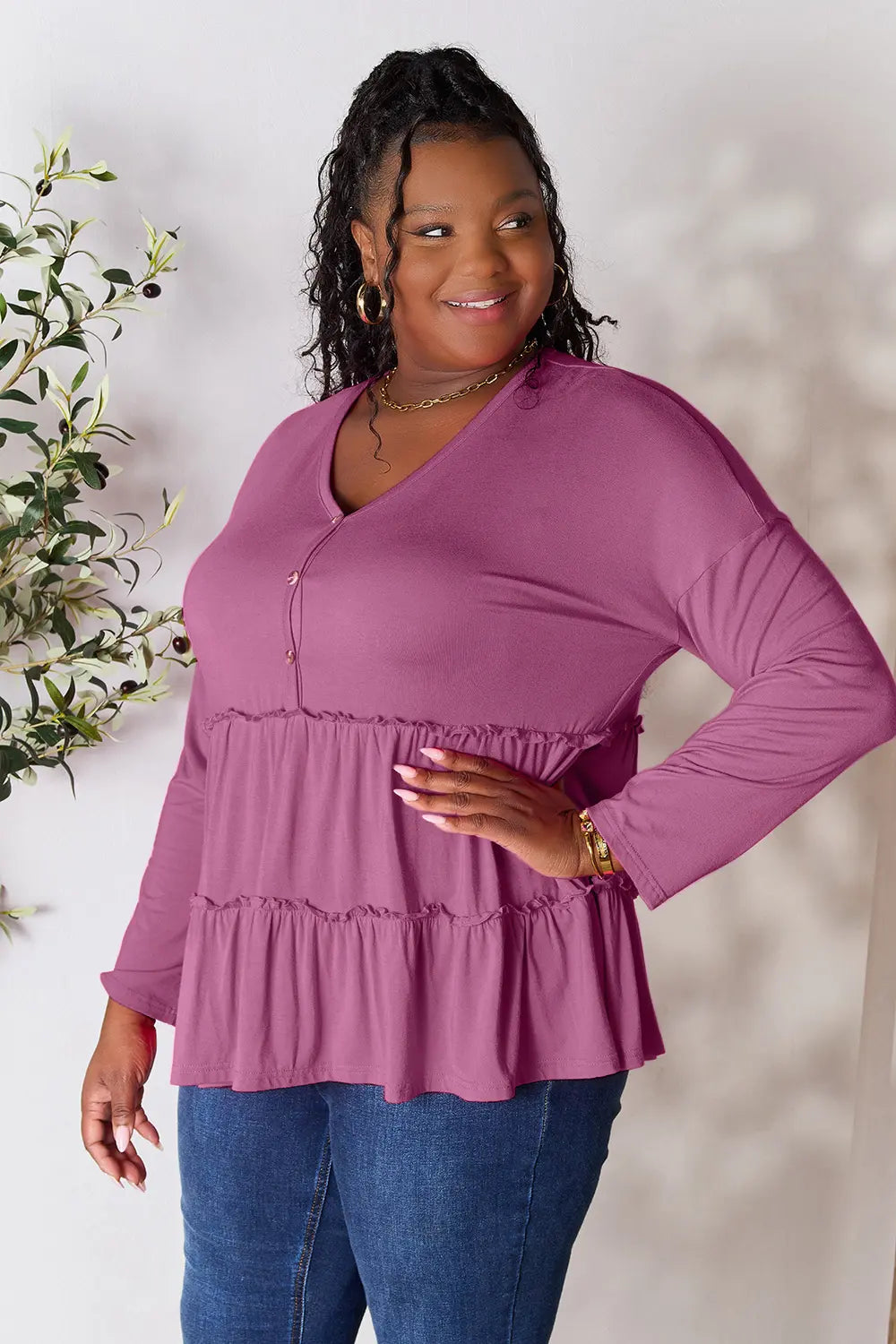 Double Take Half Button Long Sleeve Ruffle Hem Blouse fdb043e9df4247c196315ee4beefe5bc-Max