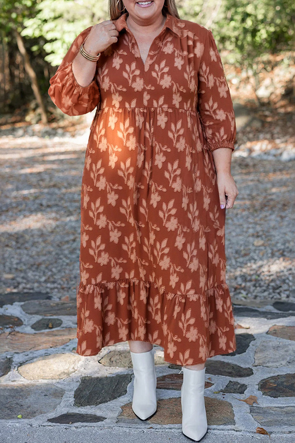 Cinnamon Plus Size Textured 3D Flower Pattern Ruffle Hem Dress fdb2f9fa176dff60