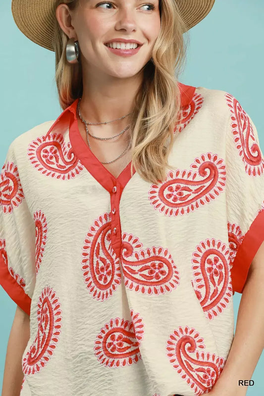 Paisley Print Contrast Trim Top fdb6e548-fac8-42d2-aa62-419ad34292b8-Max-Origin