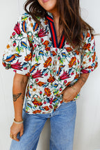 Multicolour Contrasted V Neckline Floral Puff Short Sleeve Blouse fdb7fb5738567fb1