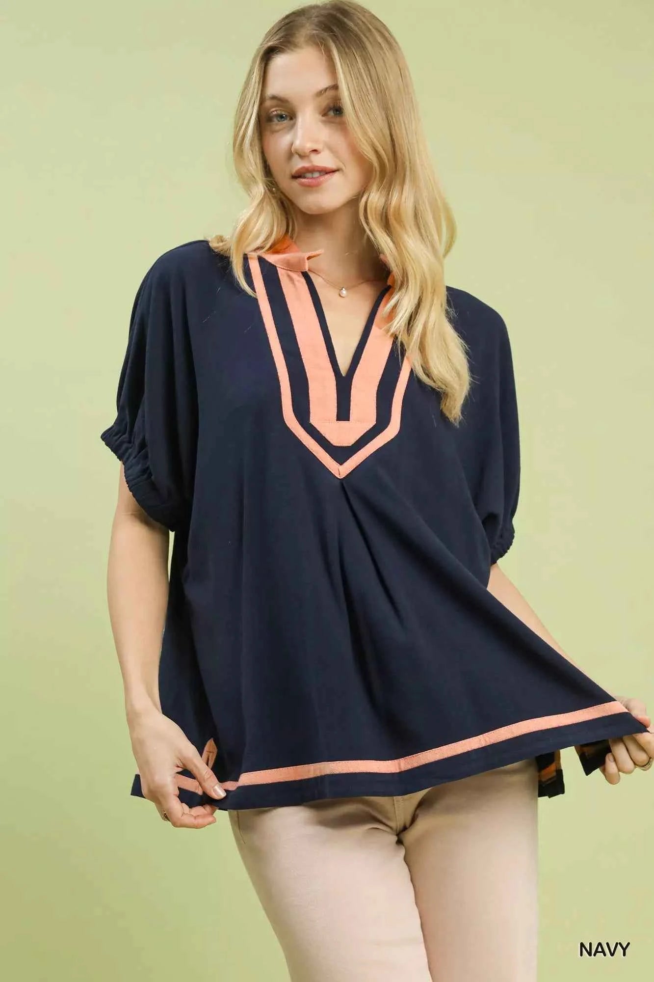 Umgee Linen Contrast Trim V-Neck Blouse NAVY fdbea6dd-25af-45eb-85b2-1ae1bcded76a-Max-Origin
