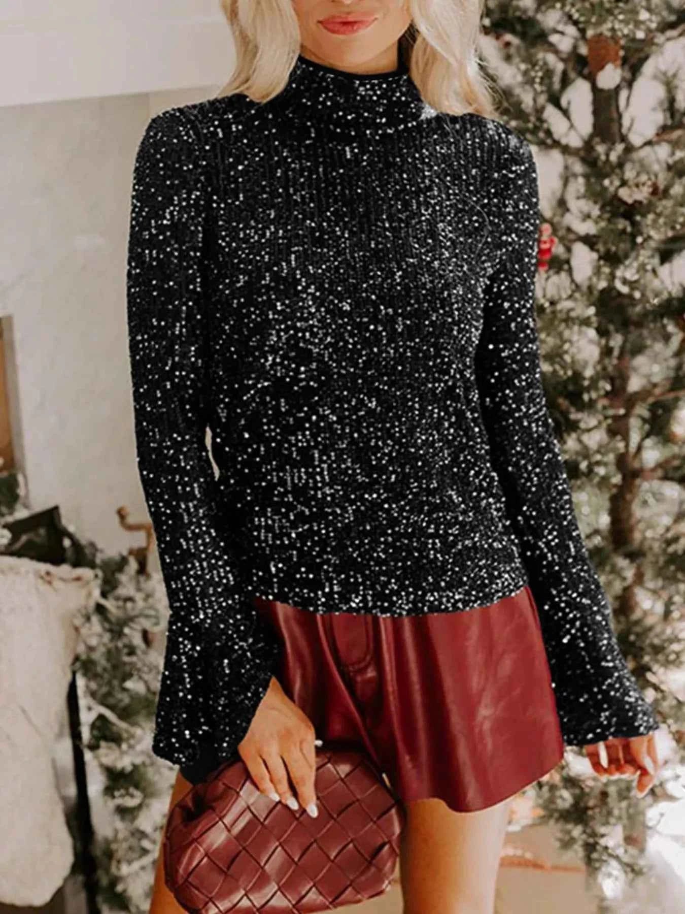 Sequin Mock Neck Drape Open Back Bell Sleeve Top Black fdbf992c-fae6-408c-97fe-31bed0f892a6-Max-Origin