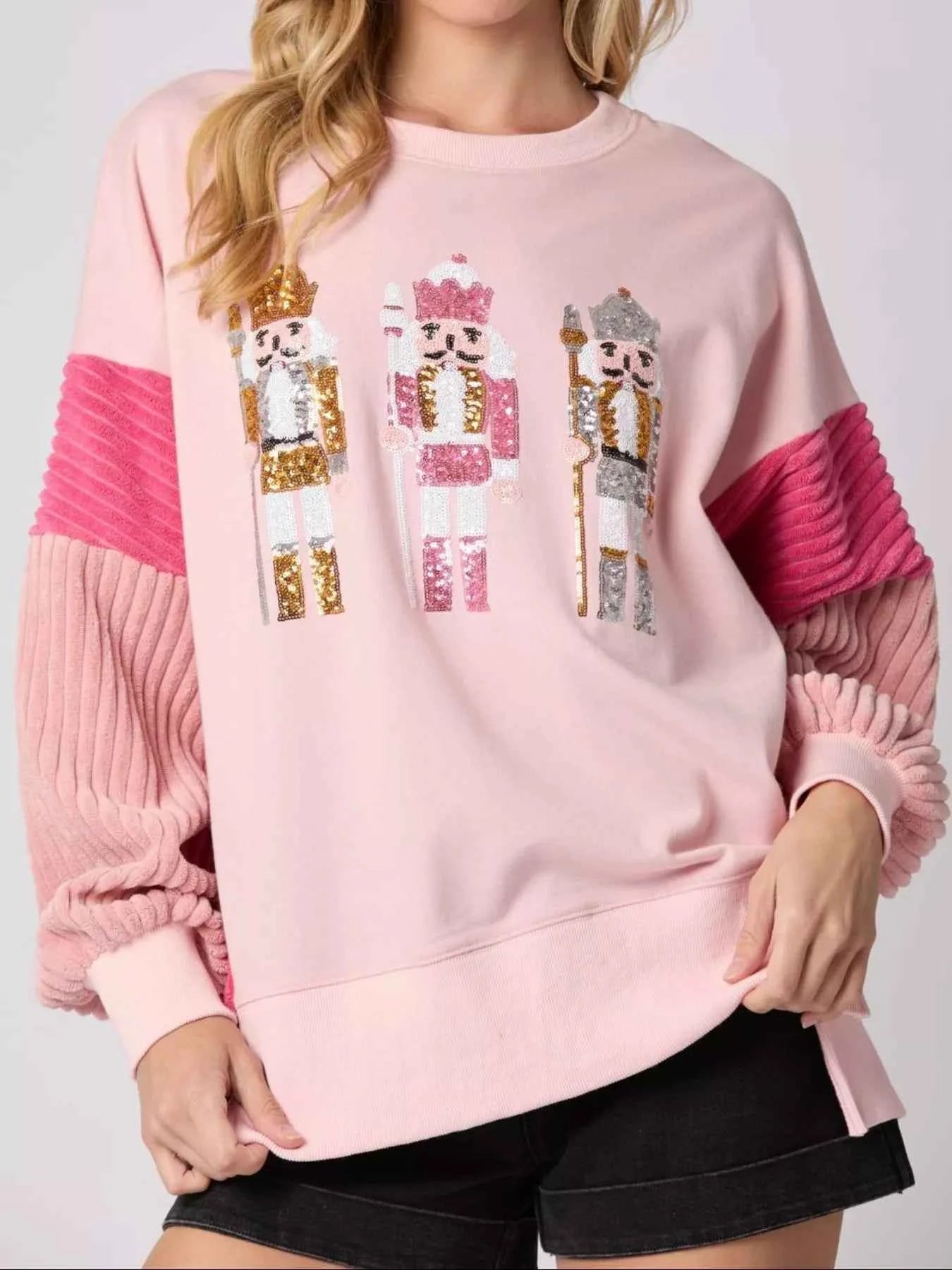 Nutcracker Long Sleeve Sweatshirt with Side Slit Pink fdc042af-0ab5-4e97-8c67-b64919a0d1c8-Max-Origin
