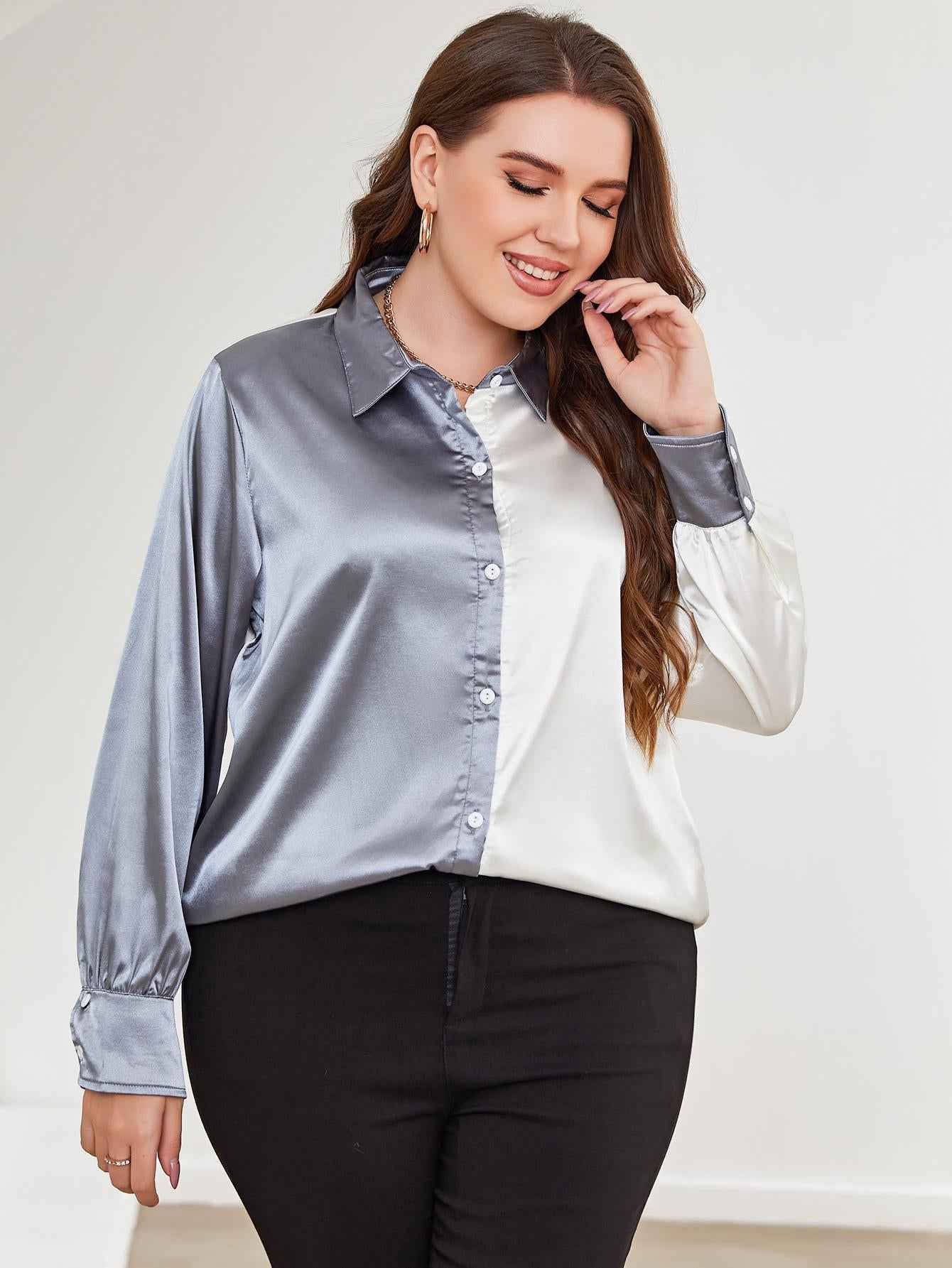 Plus Size Two-Tone Long Sleeve Shirt fdc2beb4a4634e57860161787f056ee1-Max