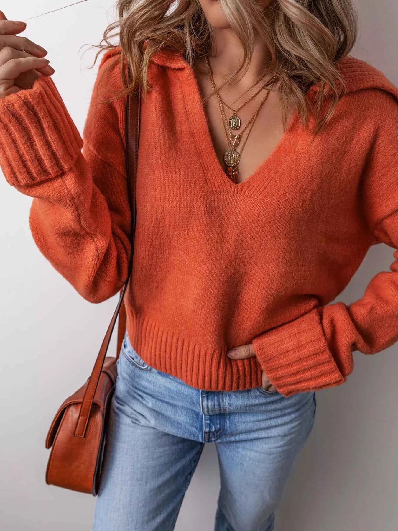 Collared V Neck Ribbed Edge Sweater fdc99bd7e7ef455281271f8838f30dfc-Max-Origin