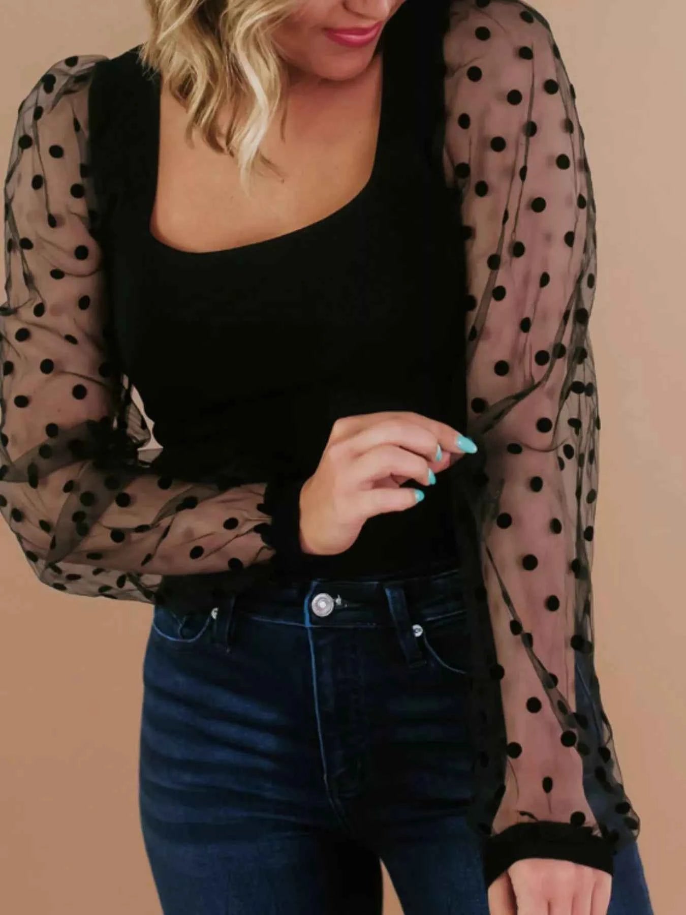 Mesh Patchwork Square Neck Blouse fdcb95a9-7009-4685-b52a-b85c599766cc-Max-Origin