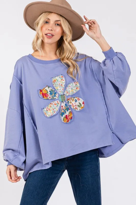 SAGE + FIG Flower Patch Dropped Shoulder Oversize Top Blue Purple fdcfa124-f061-4736-9e93-3d2e9b2836f6-Max