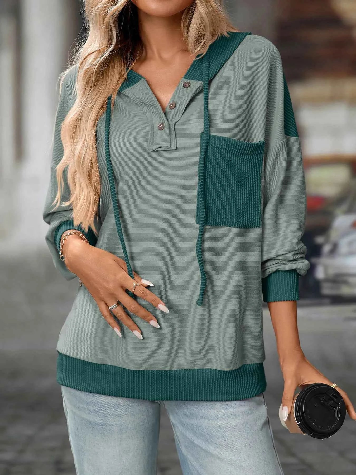 Drawstring Button Detail Long Sleeve Hoodie Green fdd0898838d9428f9c10a6913acfe014-Max-Origin