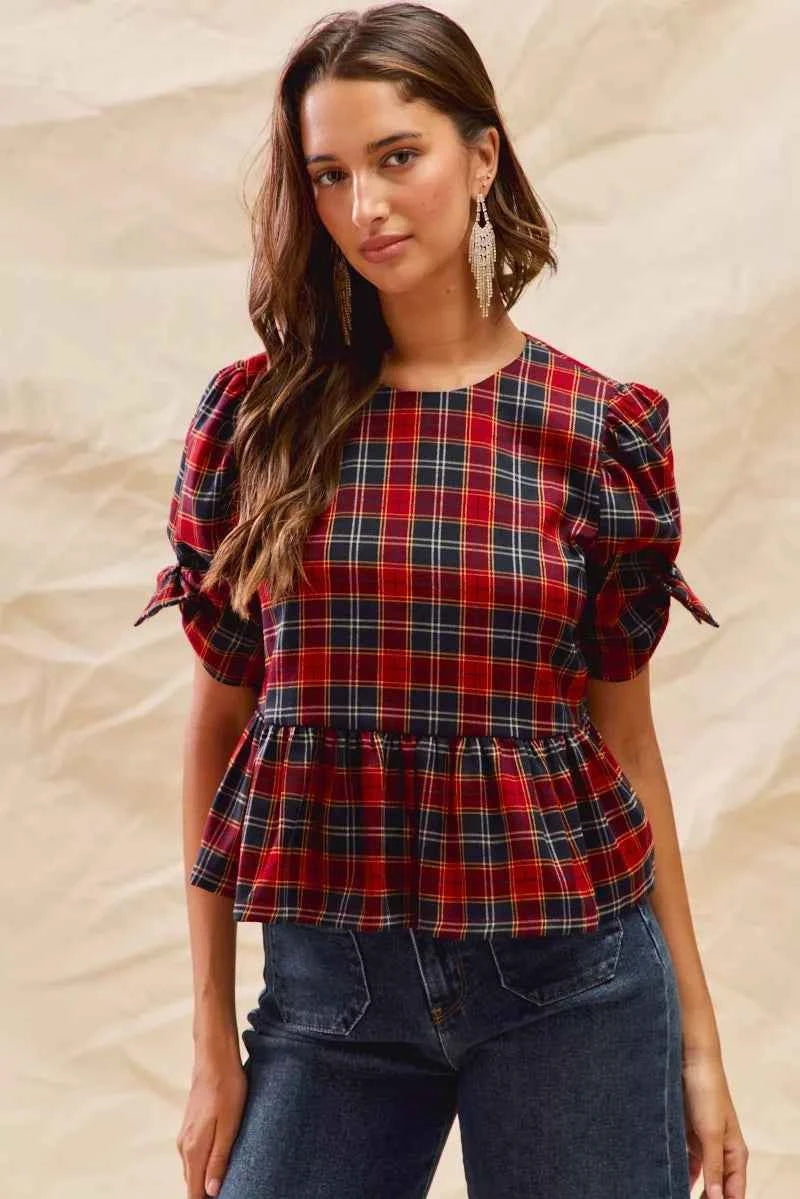 Christmas Holiday Plaid Ribbon Short Sleeves Top fdd3579e529344e285388017762c814e-Max-Origin