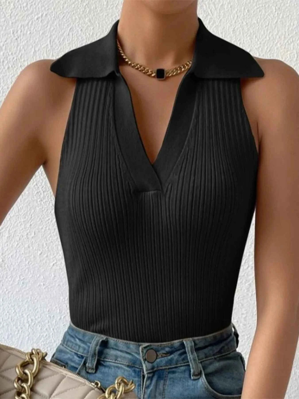 Ribbed Knit Sleeveless Polo Collar Tank Top fdd4e883af9e4932abc6d2cd7f7511d8-Max-Origin