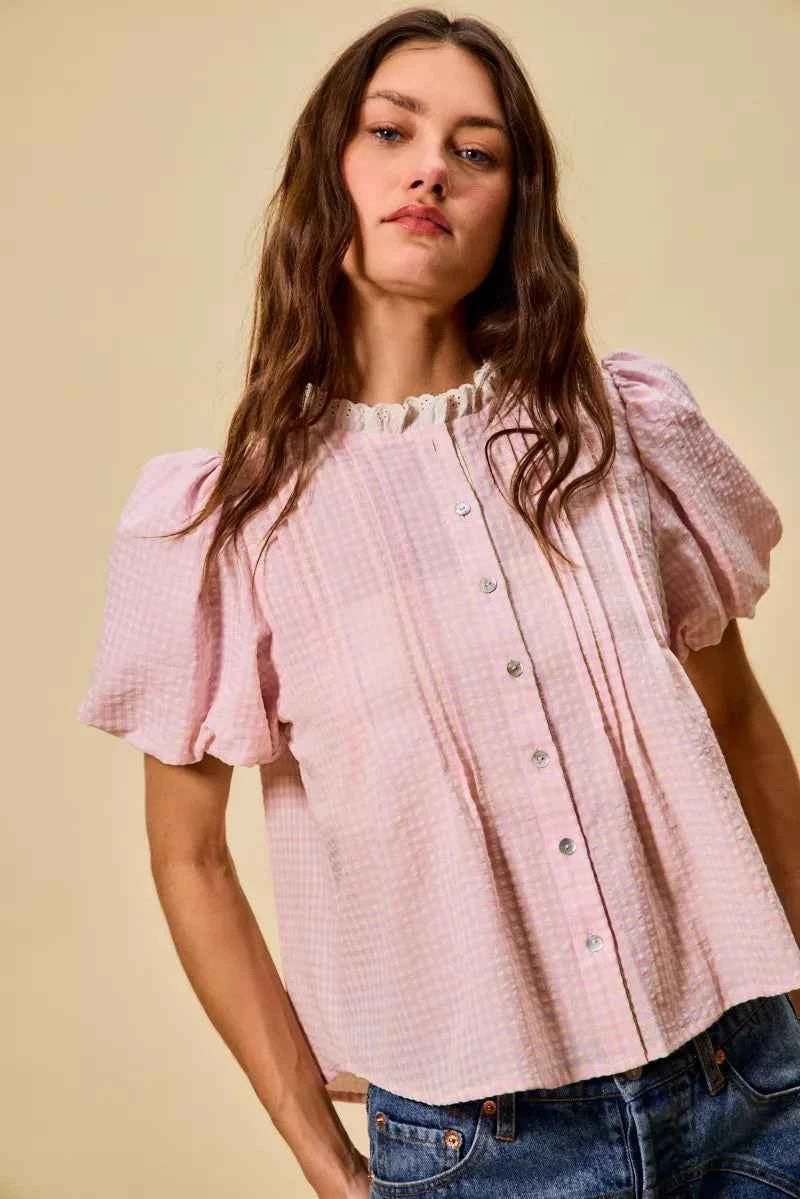 SO ME Gingham Lace Trim Button Bubble Sleeves Blouse fdd728ac00814eb78f86f94d904184c7-Max-Origin