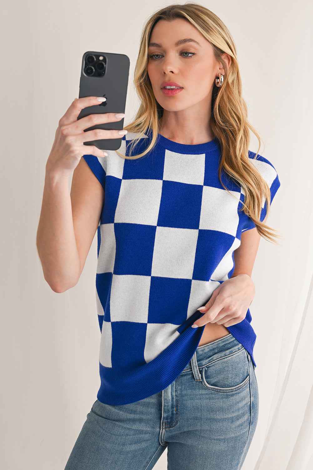 Dark Blue Checkered Knit Top fddad220106df233