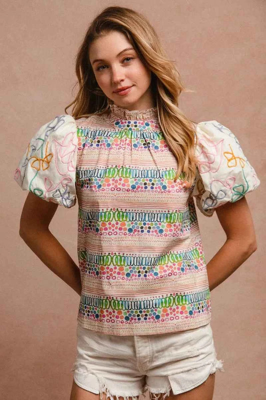 Ruffle Neckline Blouse With Embroidery Bubble Sleeve fddbec29fa0240c7b3867cf6a167b173-Max-Origin