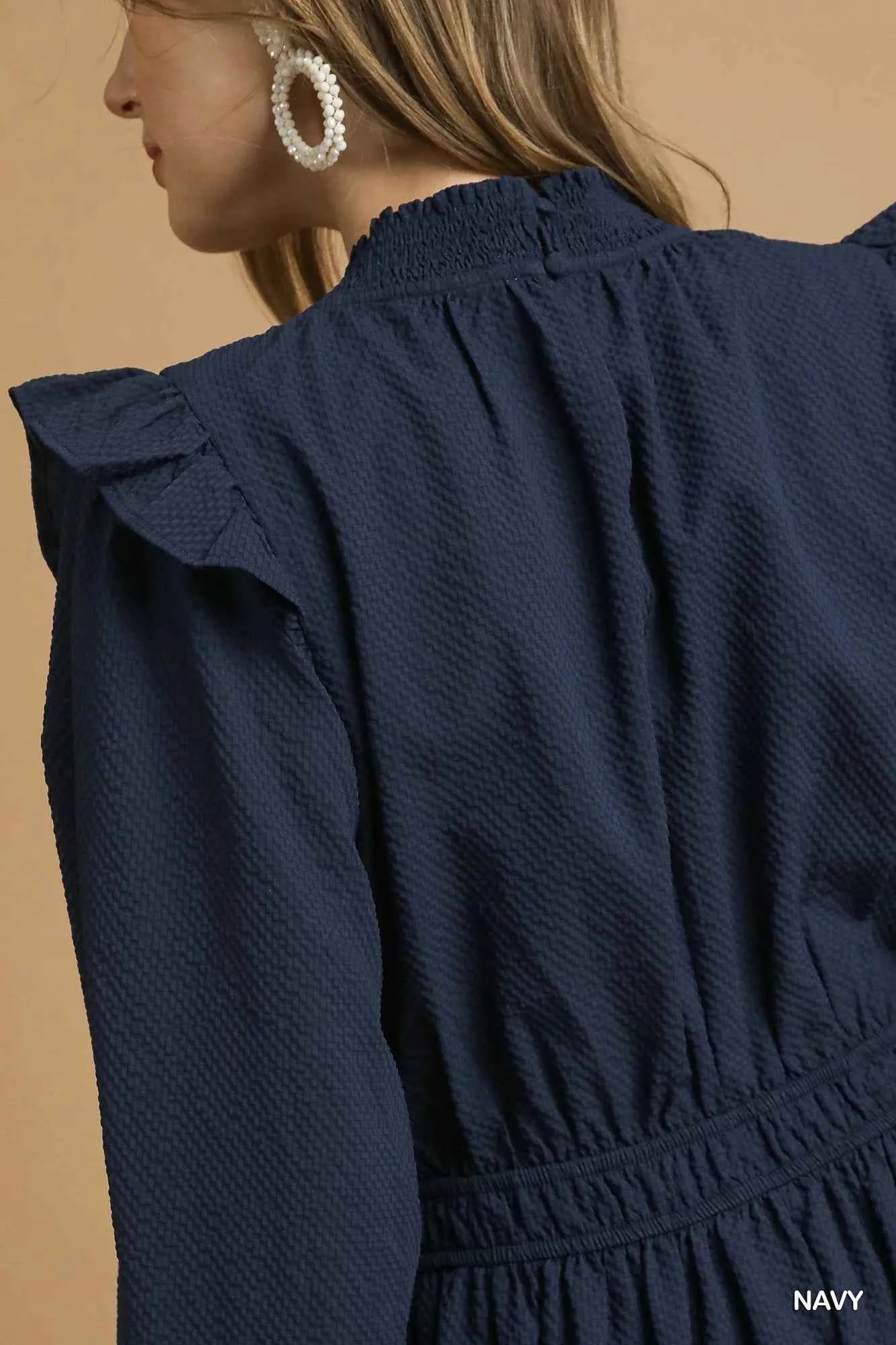 Umgee Textured Midi Dress with Ruffle Shoulder Detail fddc2b63-854c-42cb-85d9-f6f314bc71d4-Max-Origin
