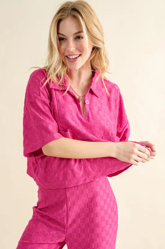 Oversized Checkerboard Brushed Texture Casual Top with Pockets fdebd2a26f7c4a8e9c34f0acda149774-Max-Origin