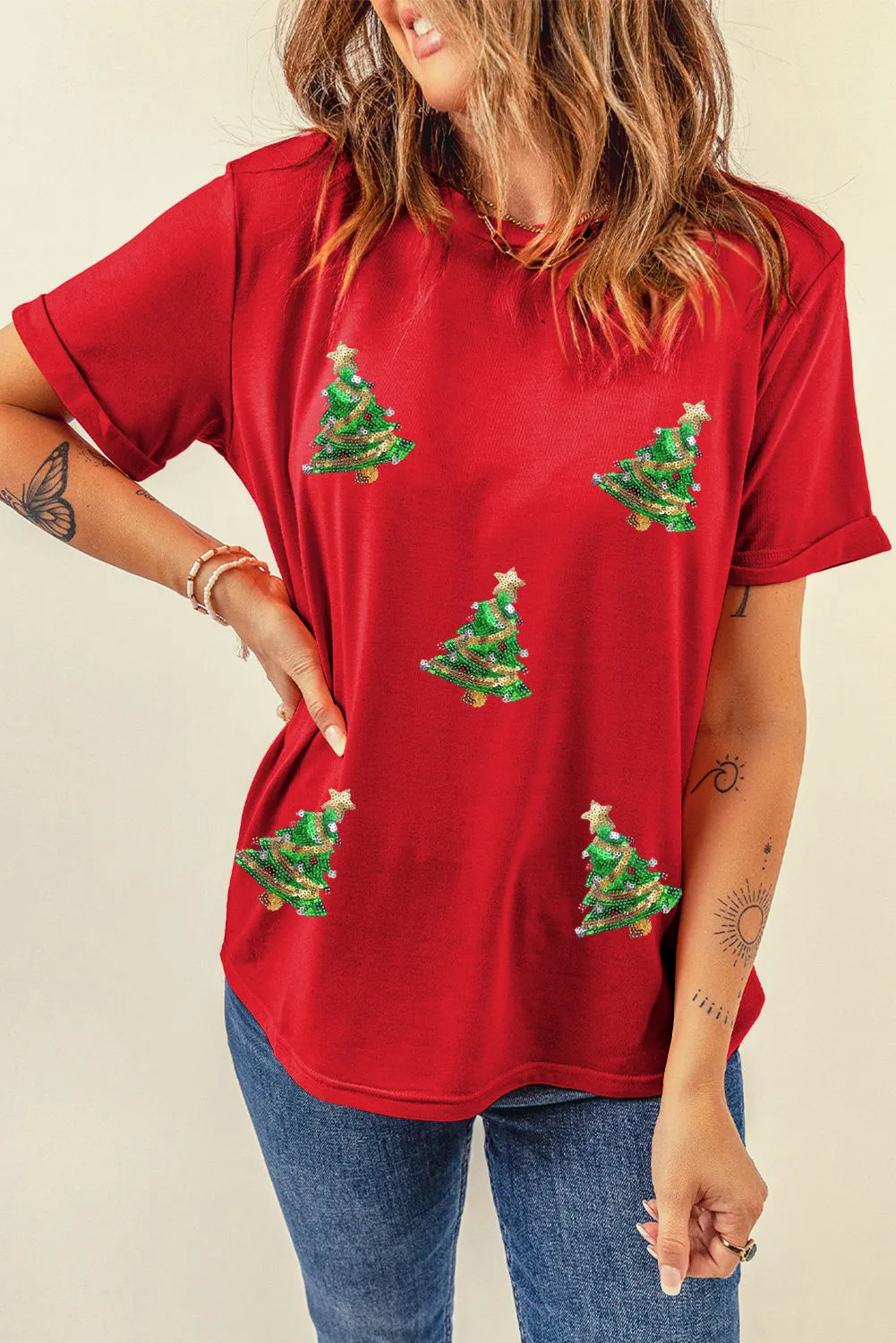 Sequin Christmas Tree Round Neck Short Sleeve T-Shirt