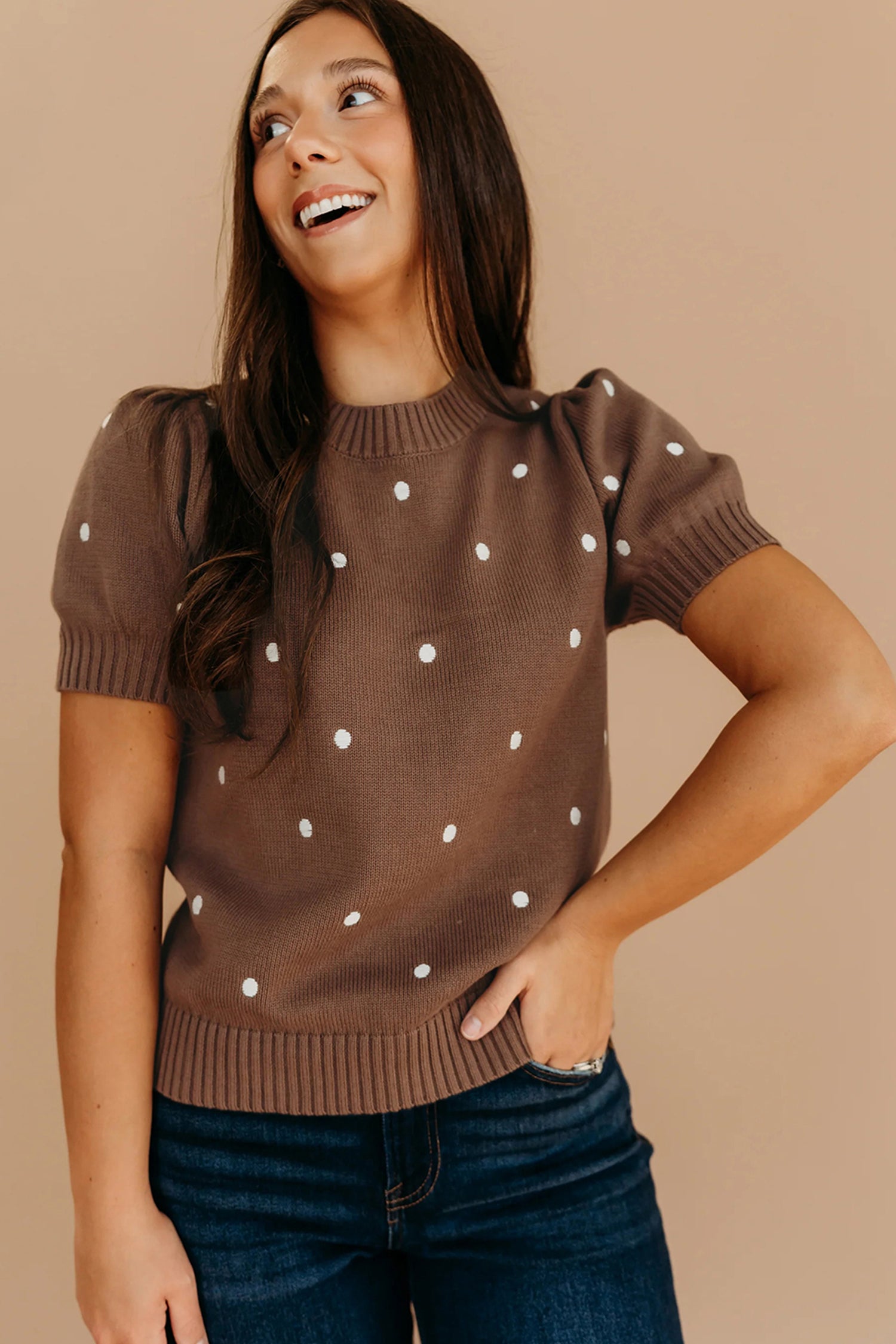 White Elegant Polka Dot Bubble Short Sleeve Sweater fdf9020fb4164d0d