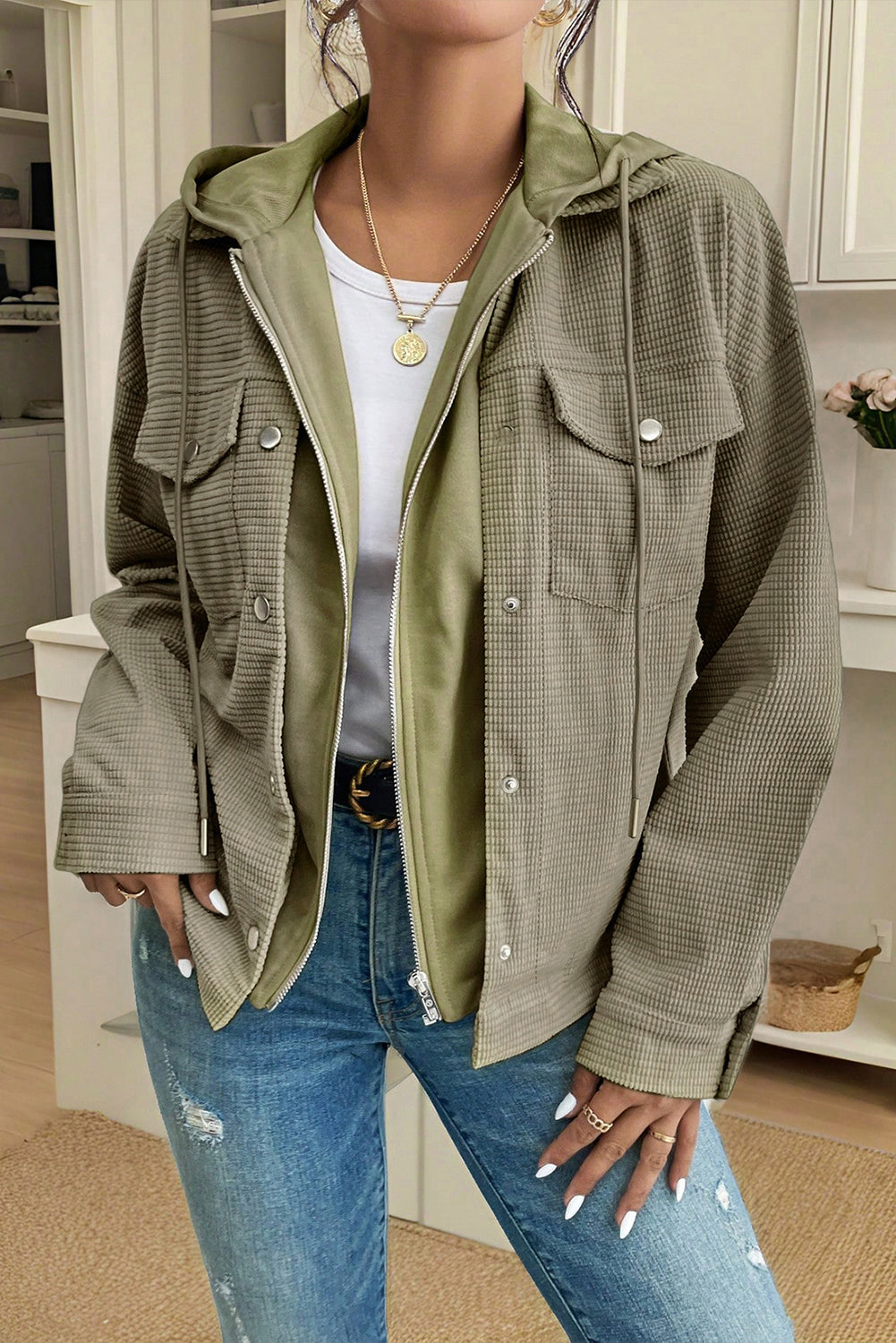 Laurel Green Solid Color Textured Patchwork Flap Pocket Shacket fdf9390b406ec0eb