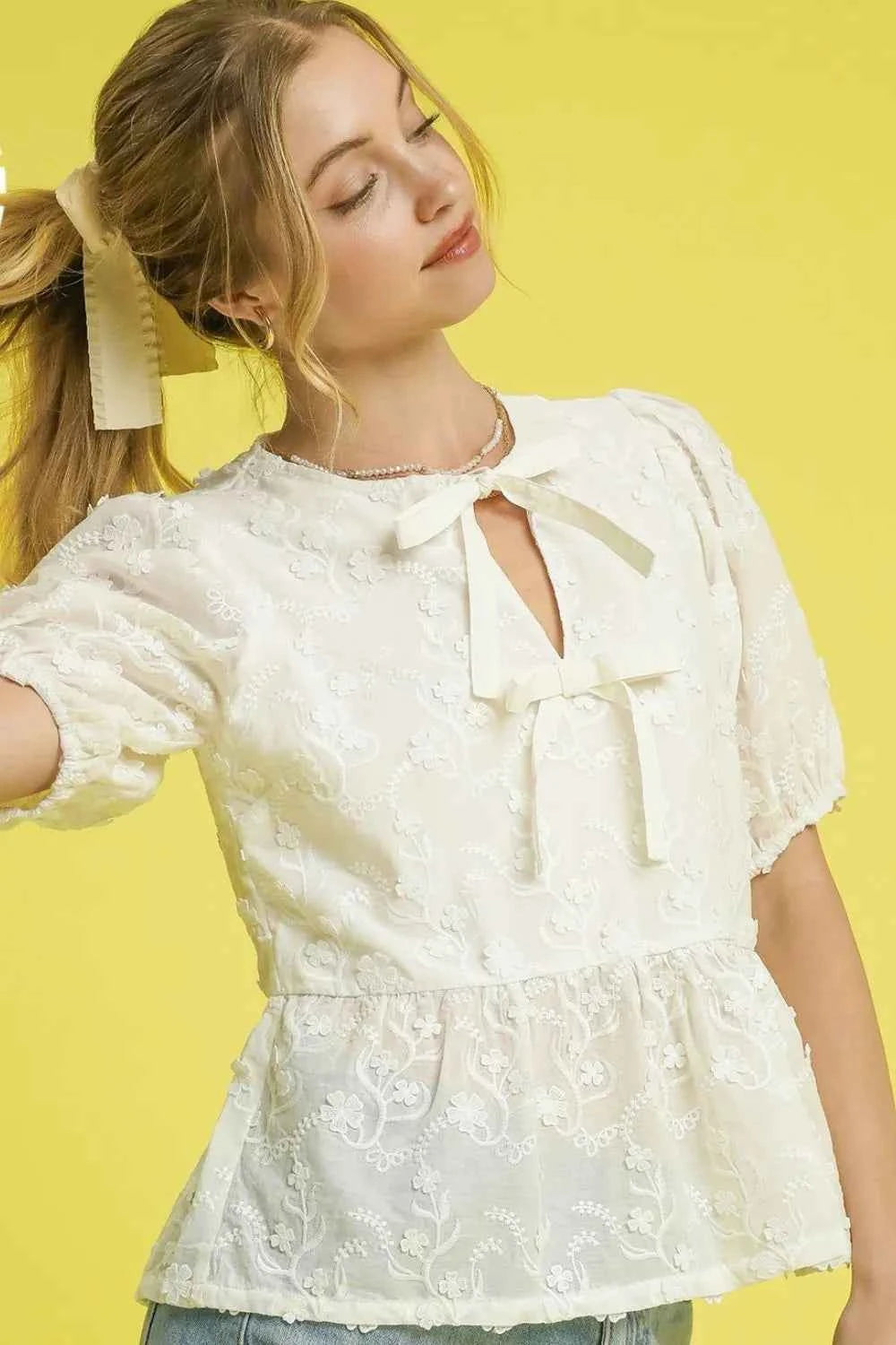Umgee Embroidered Tie Front Peplum Blouse Cream fe039055-9874-4609-b403-eb0db48fcbfa-Max-Origin