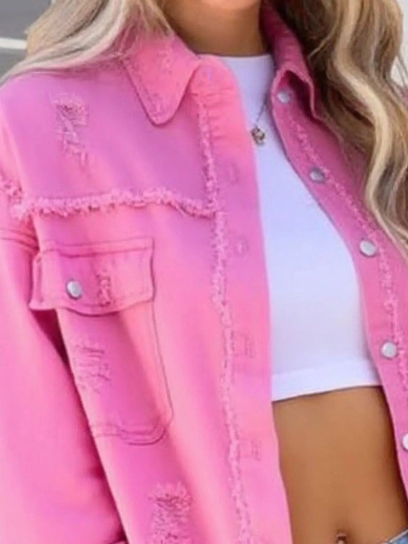 Distressed Denim Jacket with Frayed Edges fe045f89-2105-4fc8-8dba-71622eb61cc0-Max-Origin