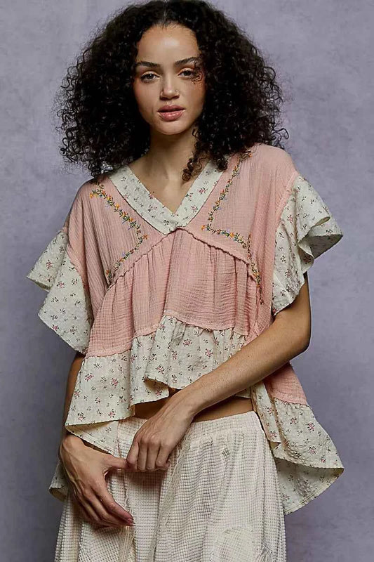 POL Floral V-Neck Short Sleeve Ruffled Double Gauze Blouse with Embroidery Detail SALMON PINK fe056217-cad9-41d6-af31-7b2279cbee0c-Max-Origin