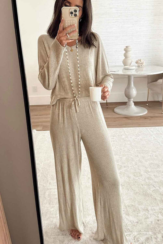 Jet Stream 3D Ribbed V Neck Pullover Drawstring Pants 2 Piece Lounge Set fe0d2b89996047fd