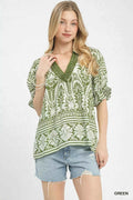 Umgee Two Tone Boarder Print Top GREEN fe0ebc2d-c1f8-4616-9247-e498dcba2092-Max-Origin