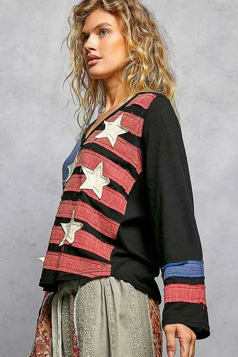 POL Double Gauze American Flag Patch V-Neck Long Sleeve T-Shirt fe13e597-0df1-4331-881a-3827cd102227-Max-Origin